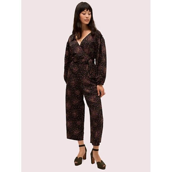 NWOT Kate Spade Disco Belted Polka Dot V-Neck Jumpsuit Black Pink Green 14 - Picture 1 of 8